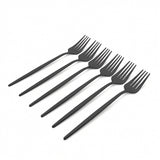 Set of six black forks on a white background