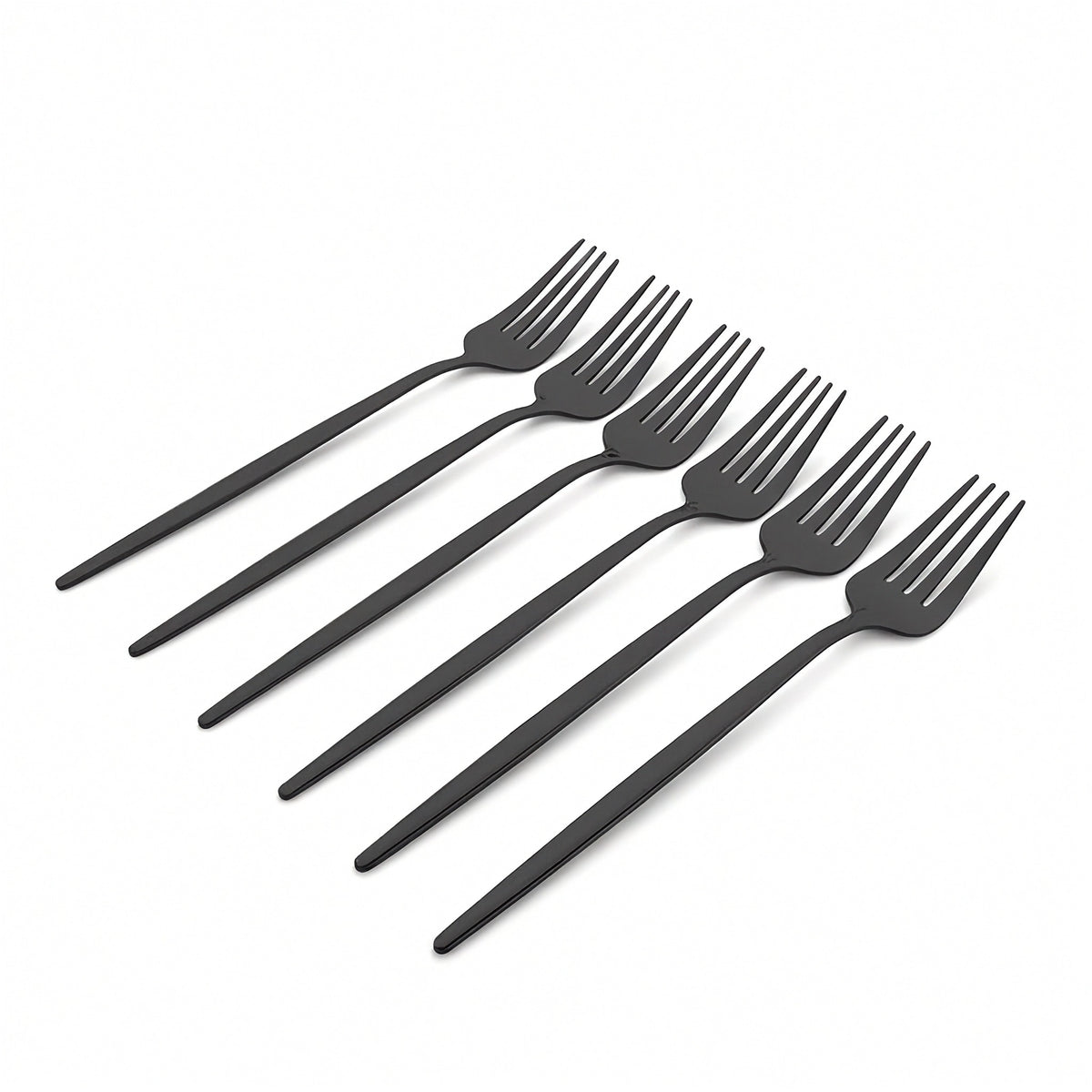Set of six black forks on a white background