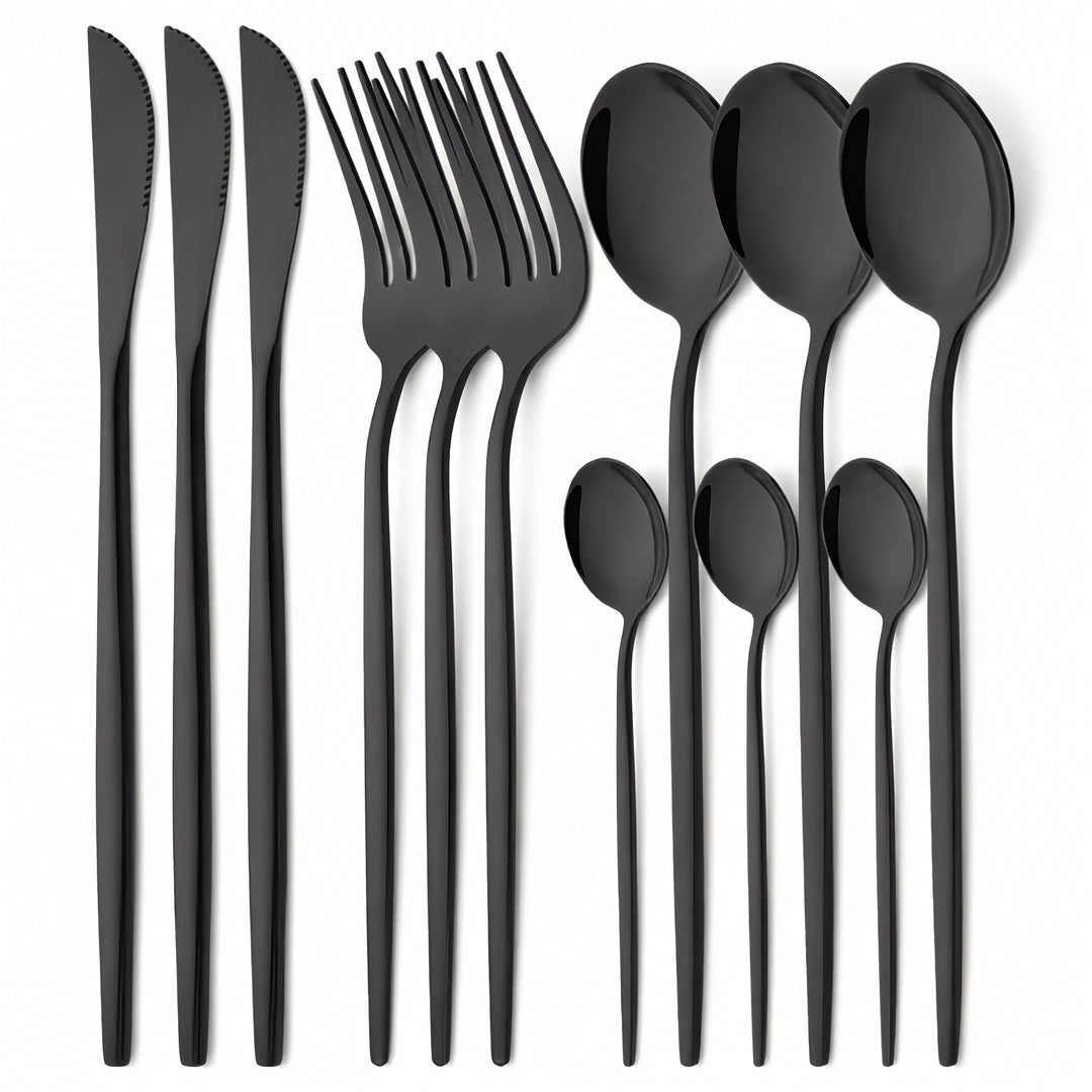 A 12-piece matte black cutlery set arranged neatly on a white background, including four dinner forks, four dinner knives, four dinner spoons, and four soup spoons.