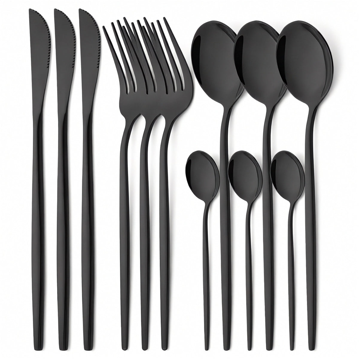 A 12-piece matte black cutlery set arranged neatly on a white background, including four dinner forks, four dinner knives, four dinner spoons, and four soup spoons.