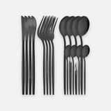 A set of matte black flatware, including knives, forks, spoons, and spoons with handles, arranged vertically on a light gray background.