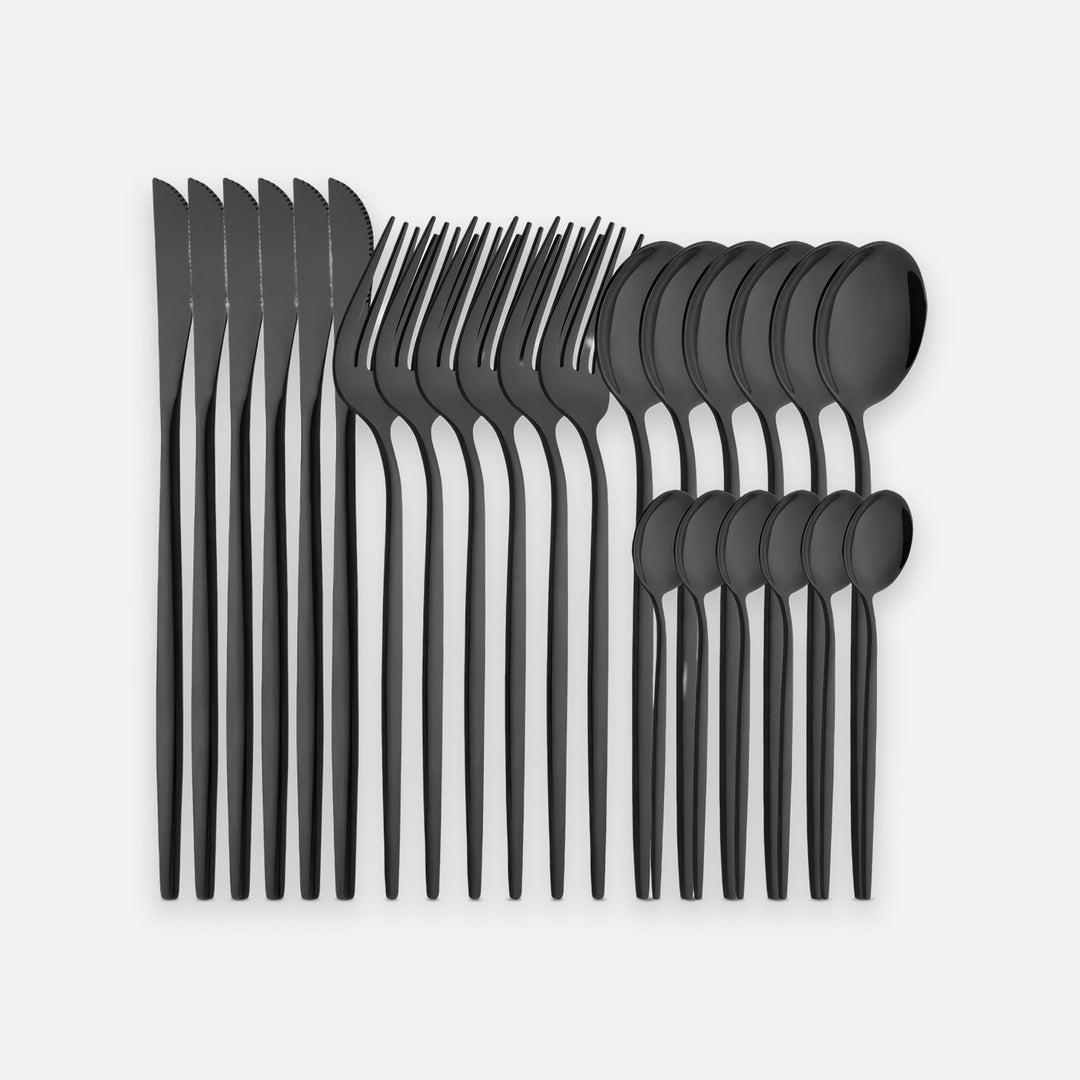 A set of matte black flatware, including knives, forks, and spoons, arranged neatly in rows against a light gray background.