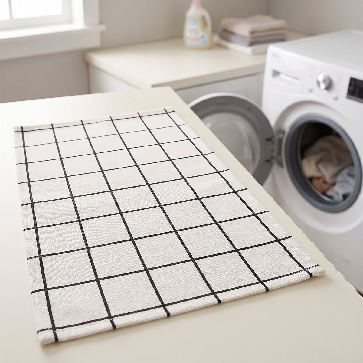 A rectangular white kitchen towel with a black grid pattern, laid flat on a light beige countertop in a bright laundry room next to a washing machine.