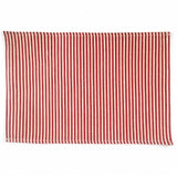 A rectangular woven placemat with vertical red and white stripes, shown flat against a plain white background.