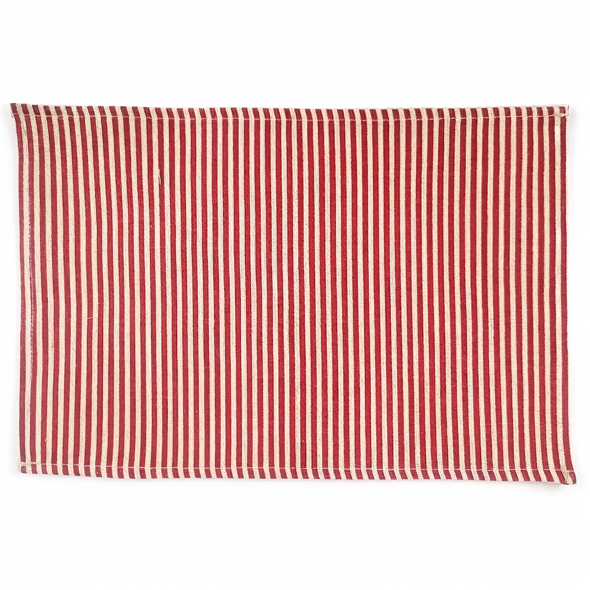A rectangular woven placemat with vertical red and white stripes, shown flat against a plain white background.