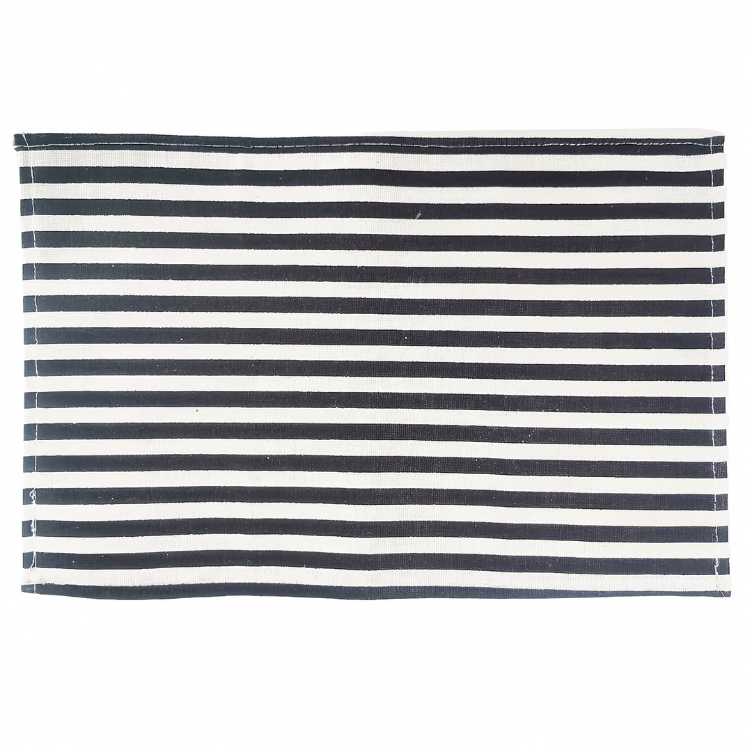 A rectangular woven placemat with horizontal navy blue and off-white stripes, shown flat against a plain white background.