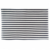 A rectangular woven placemat with horizontal navy blue and off-white stripes, shown flat against a plain white background.