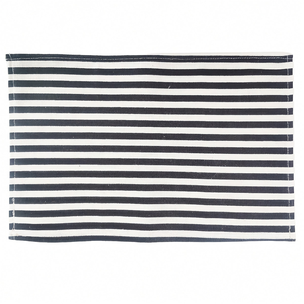 A rectangular woven placemat with horizontal navy blue and off-white stripes, shown flat against a plain white background.