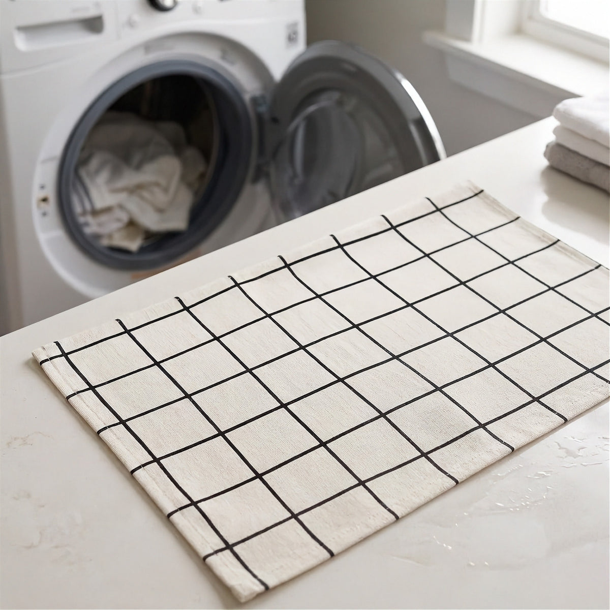 A cream-colored kitchen towel with a black grid pattern laid out on a white countertop in a laundry room, with a washing machine and folded towels visible in the background.