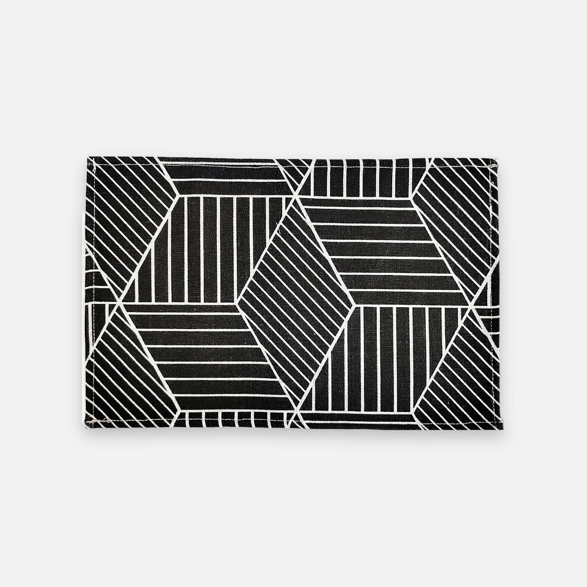 A rectangular black card holder or clutch featuring a white geometric pattern of intersecting lines and polygons, shown against a light gray background.