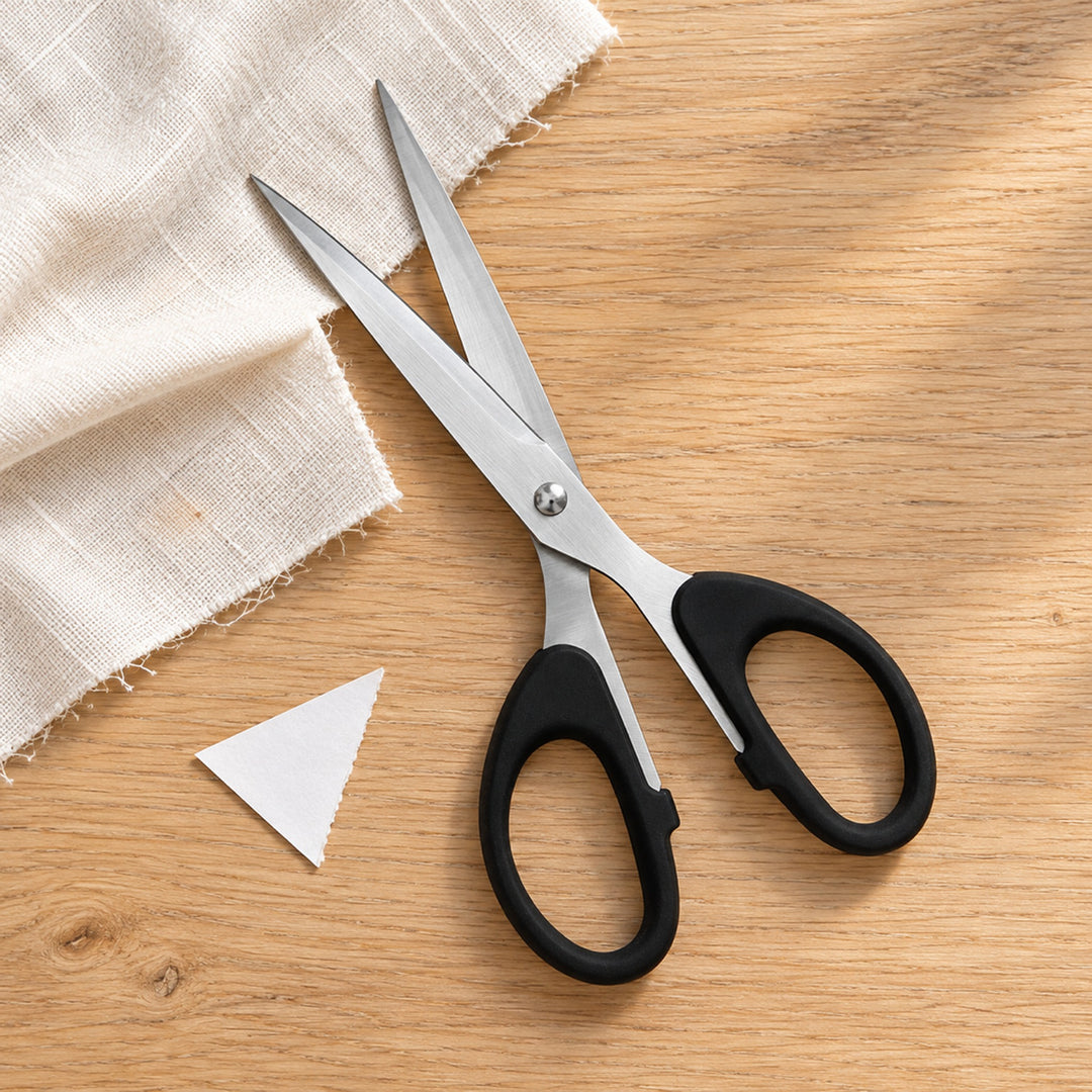 Black-handled stainless steel scissors open beside a partly cut cotton swatch and a paper offcut on a pale oak craft table