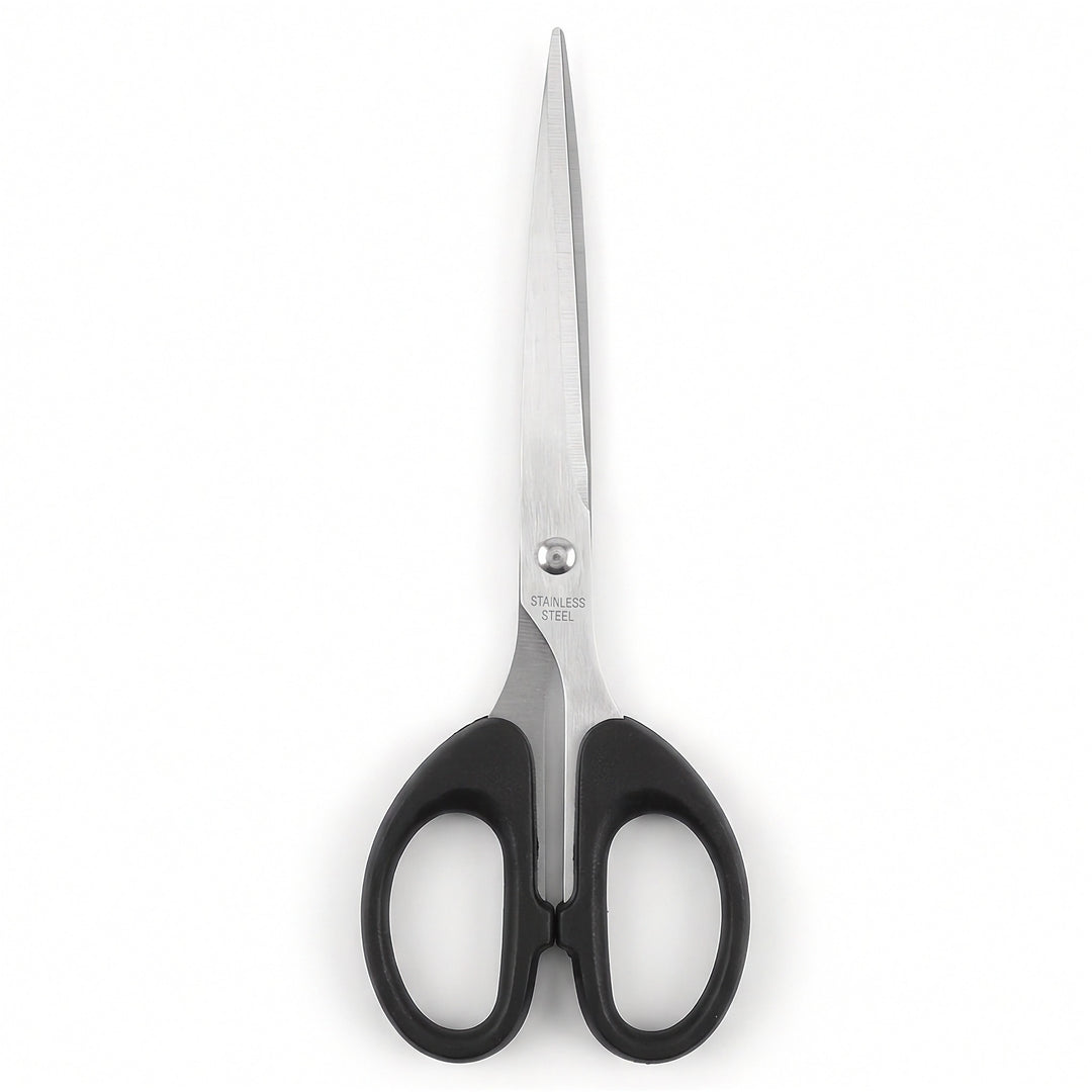 A pair of kitchen shears with black plastic handles and silver stainless steel blades, shown vertically on a plain white background.