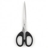A pair of kitchen shears with black plastic handles and silver stainless steel blades, shown vertically on a plain white background.