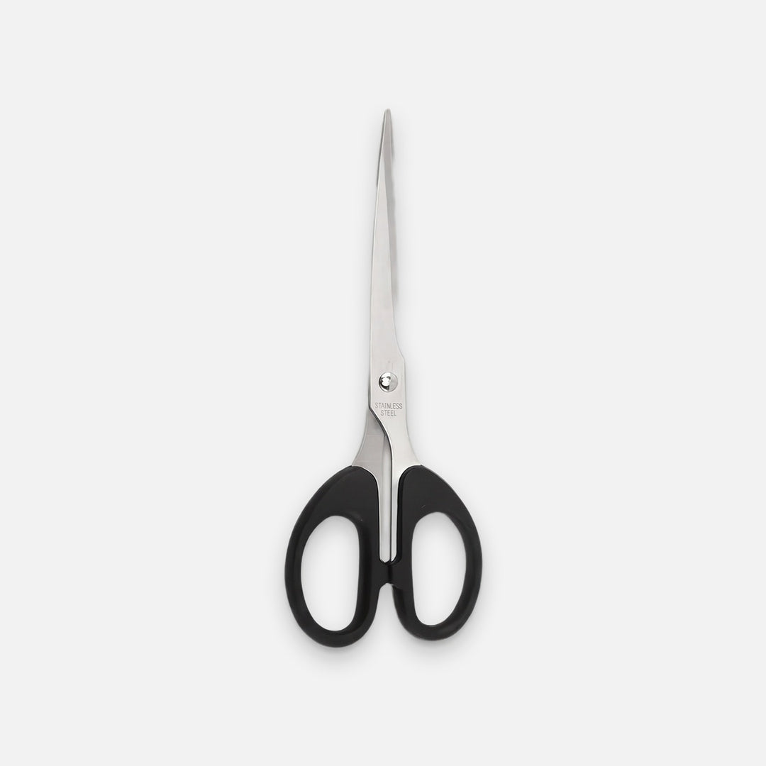 A pair of kitchen shears with black plastic handles and silver stainless steel blades, centered on a light gray background.