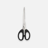 A pair of kitchen shears with black plastic handles and silver stainless steel blades, centered on a light gray background.