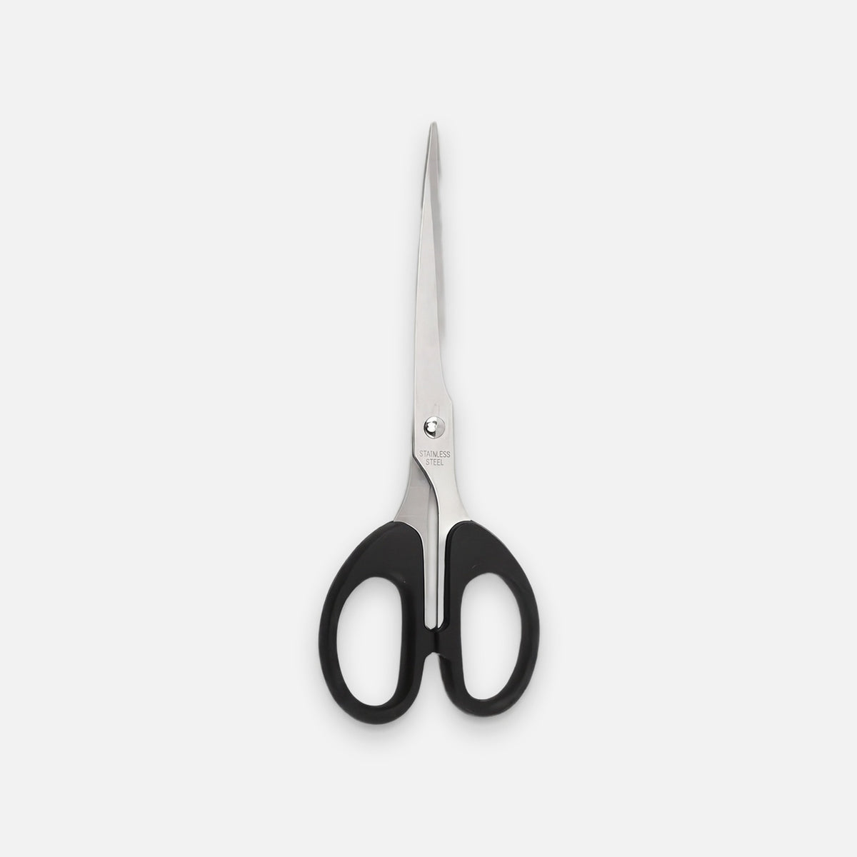 A pair of kitchen shears with black plastic handles and silver stainless steel blades, centered on a light gray background.