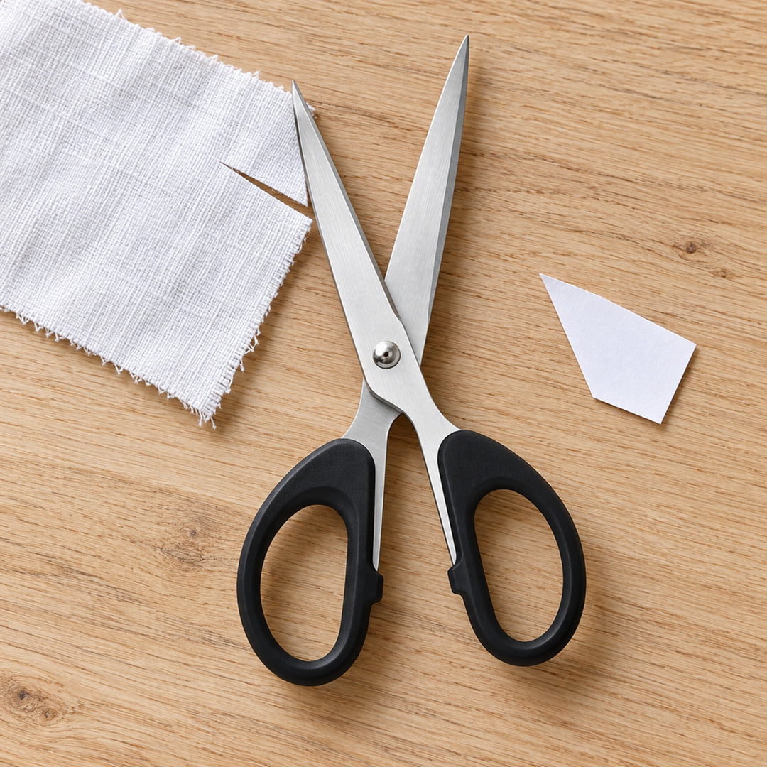 Open stainless steel scissors next to cut cotton fabric and a paper offcut on a wooden table