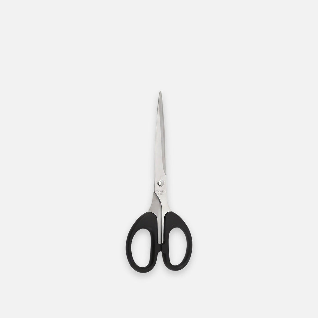 Black-handled stainless steel scissors, 6.3 in (16 cm), one pair, on a light grey backdrop