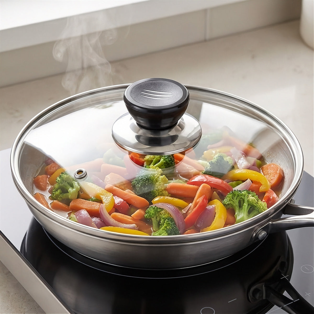 A stainless steel frying pan with a clear glass lid and black knob, cooking colorful vegetables on a black induction cooktop in a kitchen setting.