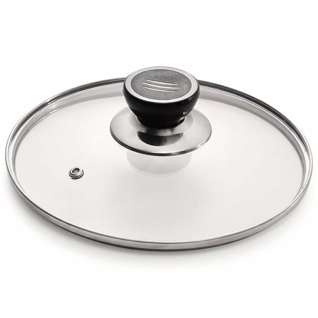 Clear glass lid with a silver metal rim and a black knob on a white background.
