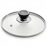 Clear glass lid with a silver metal rim and a black knob on a white background.