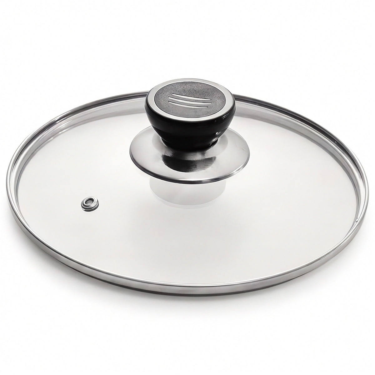 Clear glass lid with a silver metal rim and a black knob on a white background.