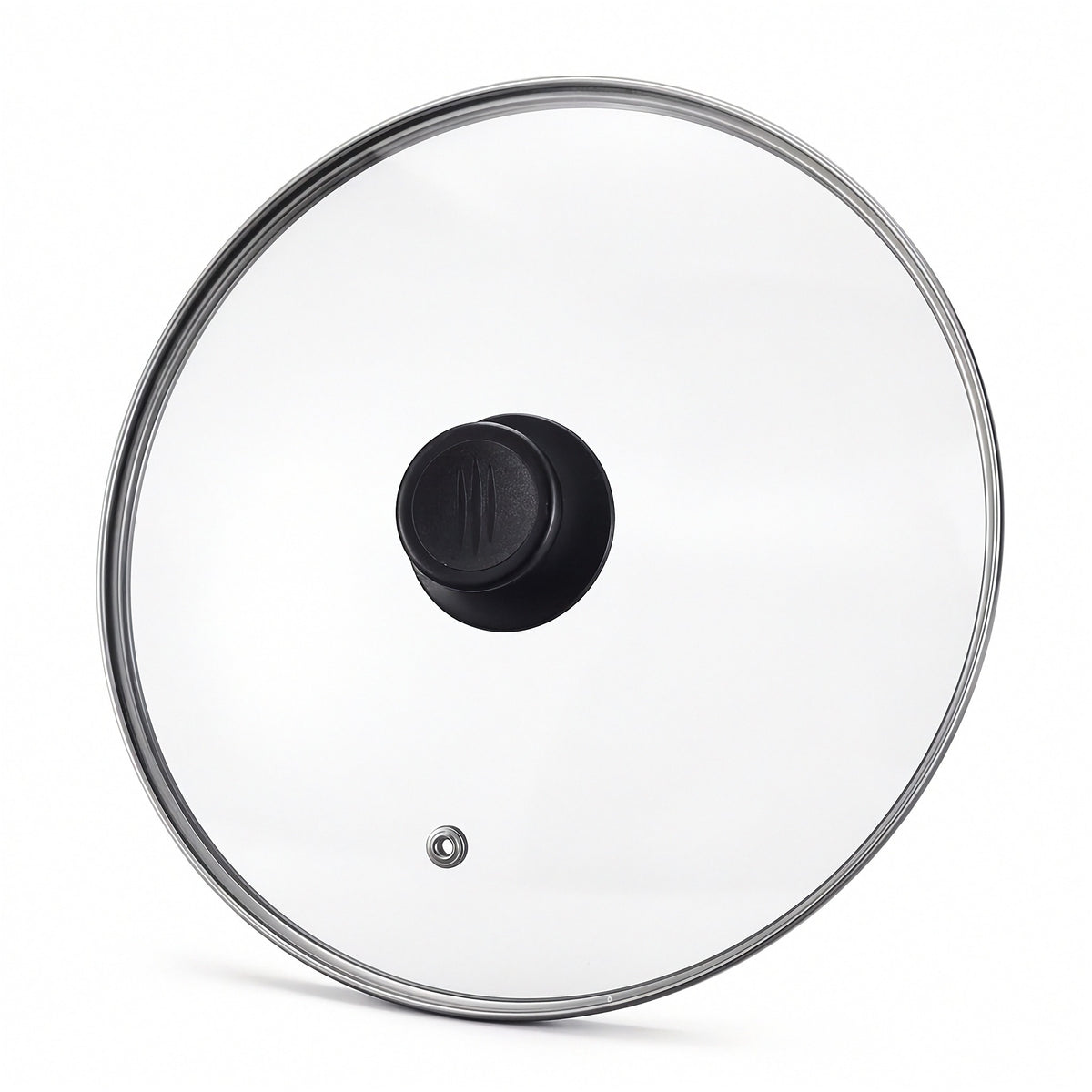 Clear glass cookware lid with a silver metal rim and a black plastic handle, shown on a white background.