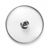 Clear glass cookware lid with a brushed stainless steel rim and a central silver metal knob, shown from a top-down view on a white background.