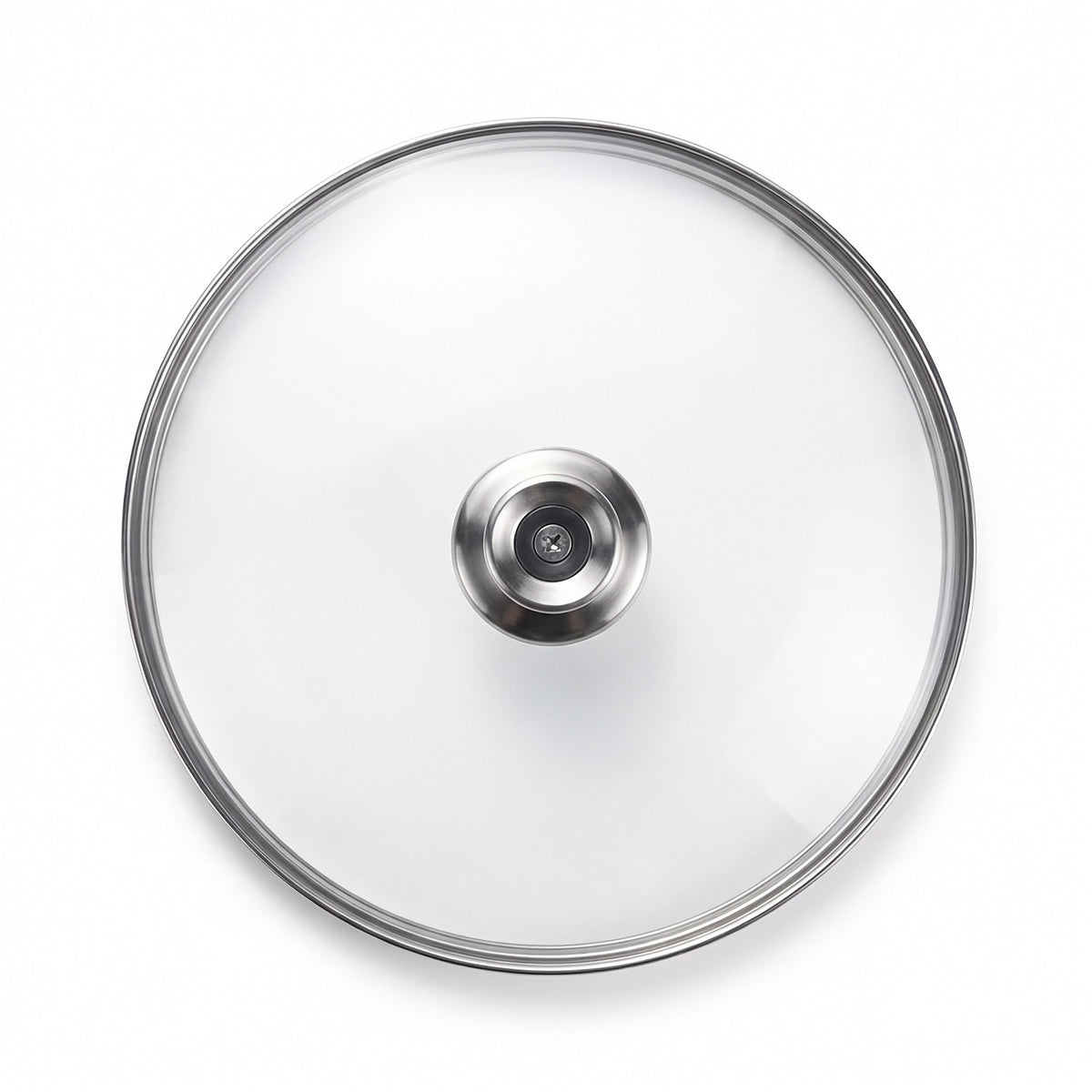 Clear glass cookware lid with a brushed stainless steel rim and a central silver metal knob, shown from a top-down view on a white background.