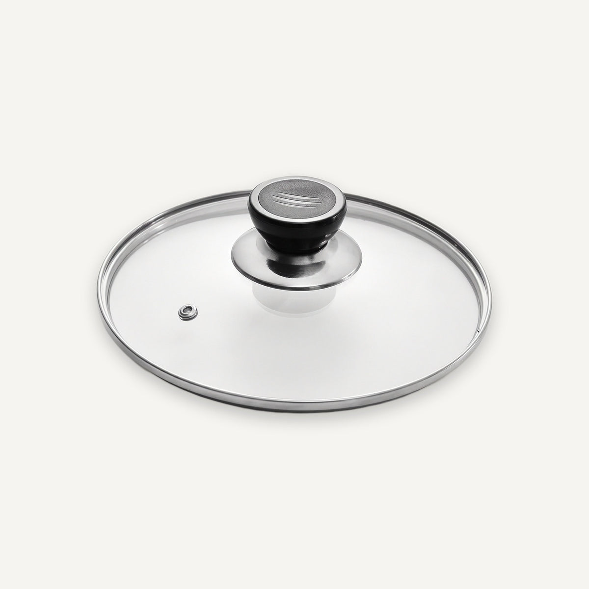 A clear glass lid with a polished silver metal rim and a black knob with a silver top, shown on a light gray background.