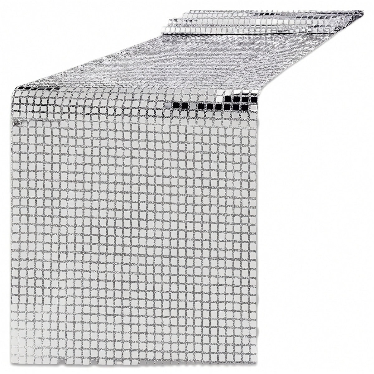 A silver disco ball mesh table runner with a reflective grid pattern, shown partially unrolled on a white background.