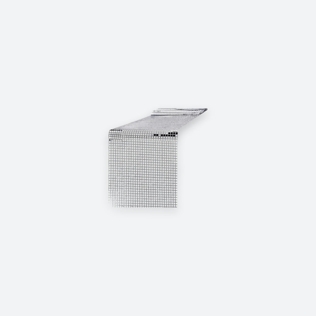 A silver metallic L-shaped corner shelf or bracket with a fine grid pattern, shown on a solid light gray background.