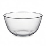 A clear glass mixing bowl with a wide rim and tapered sides, shown on a plain white background.