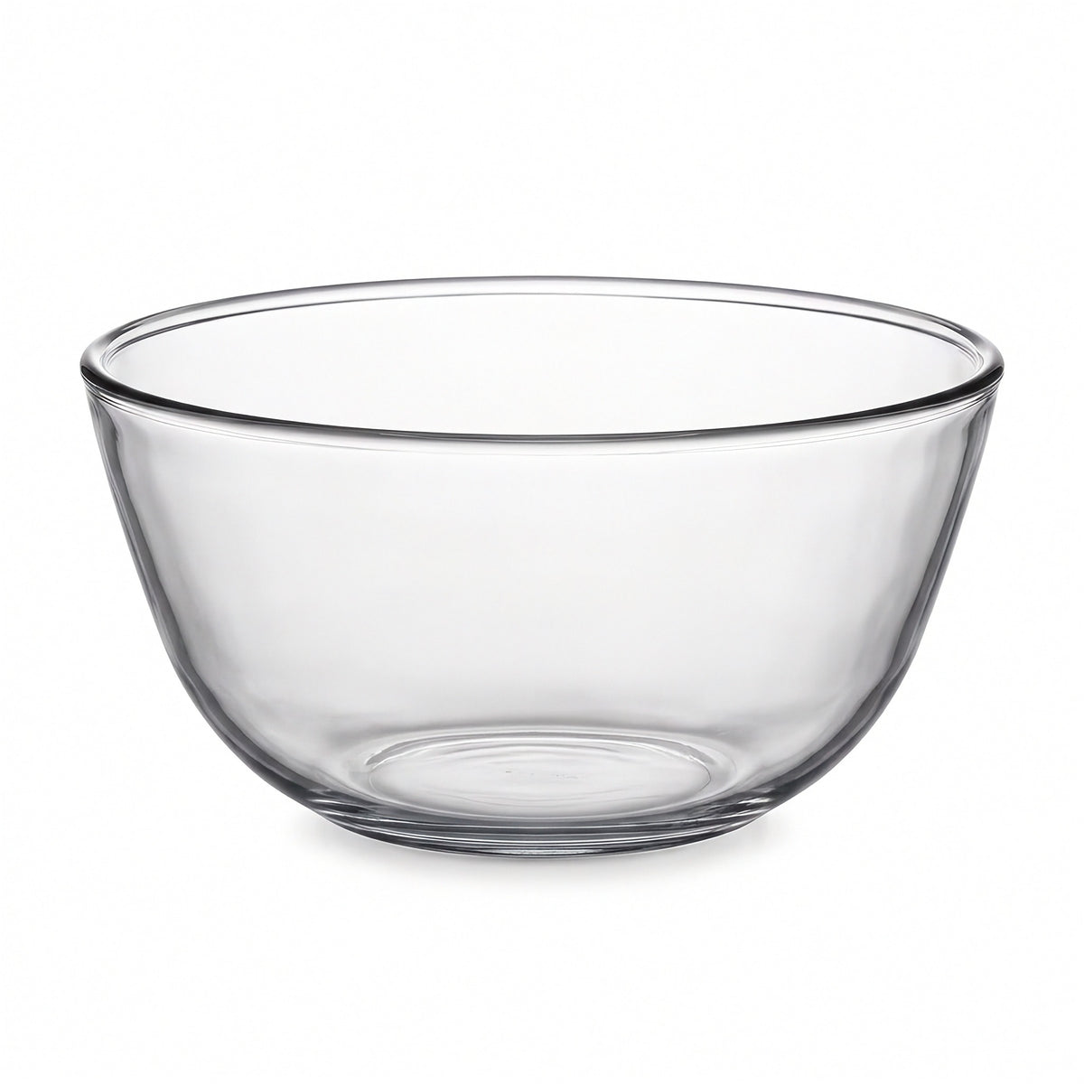 A clear glass mixing bowl with a wide rim and tapered sides, shown on a plain white background.