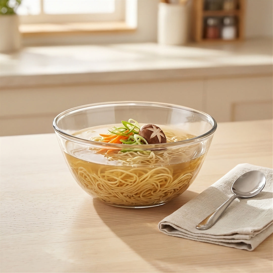 A clear glass bowl filled with noodle soup, garnished with green onions, carrot, and a mushroom, set on a light wood table next to a folded napkin and spoon in a bright kitchen setting.