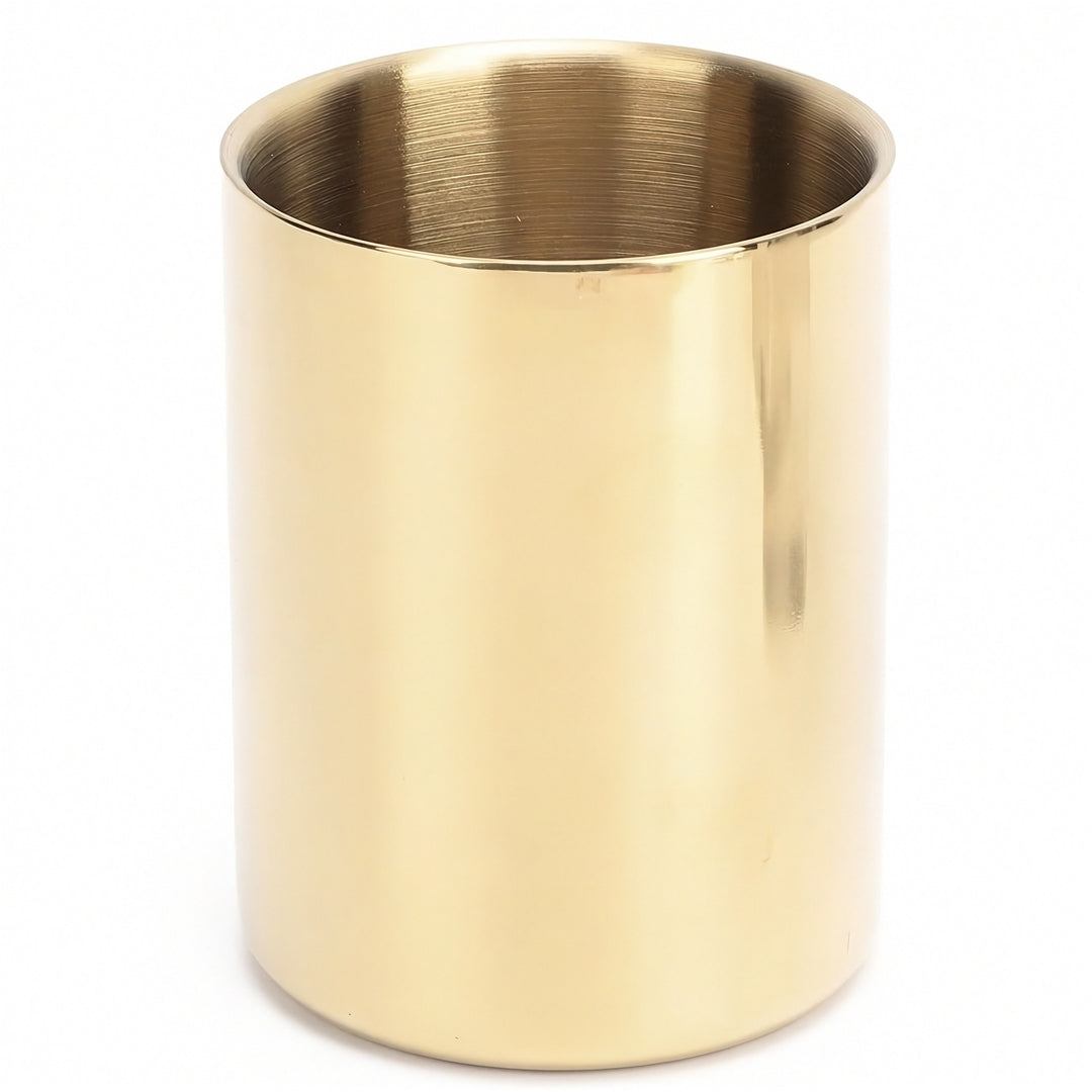 A brushed brass cylindrical cup or tumbler with a polished metallic finish, shown on a plain white background.