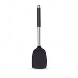 A silicone spatula with a matte black head, a silver metal shaft, and a black handle with a hanging loop, shown against a plain white background.