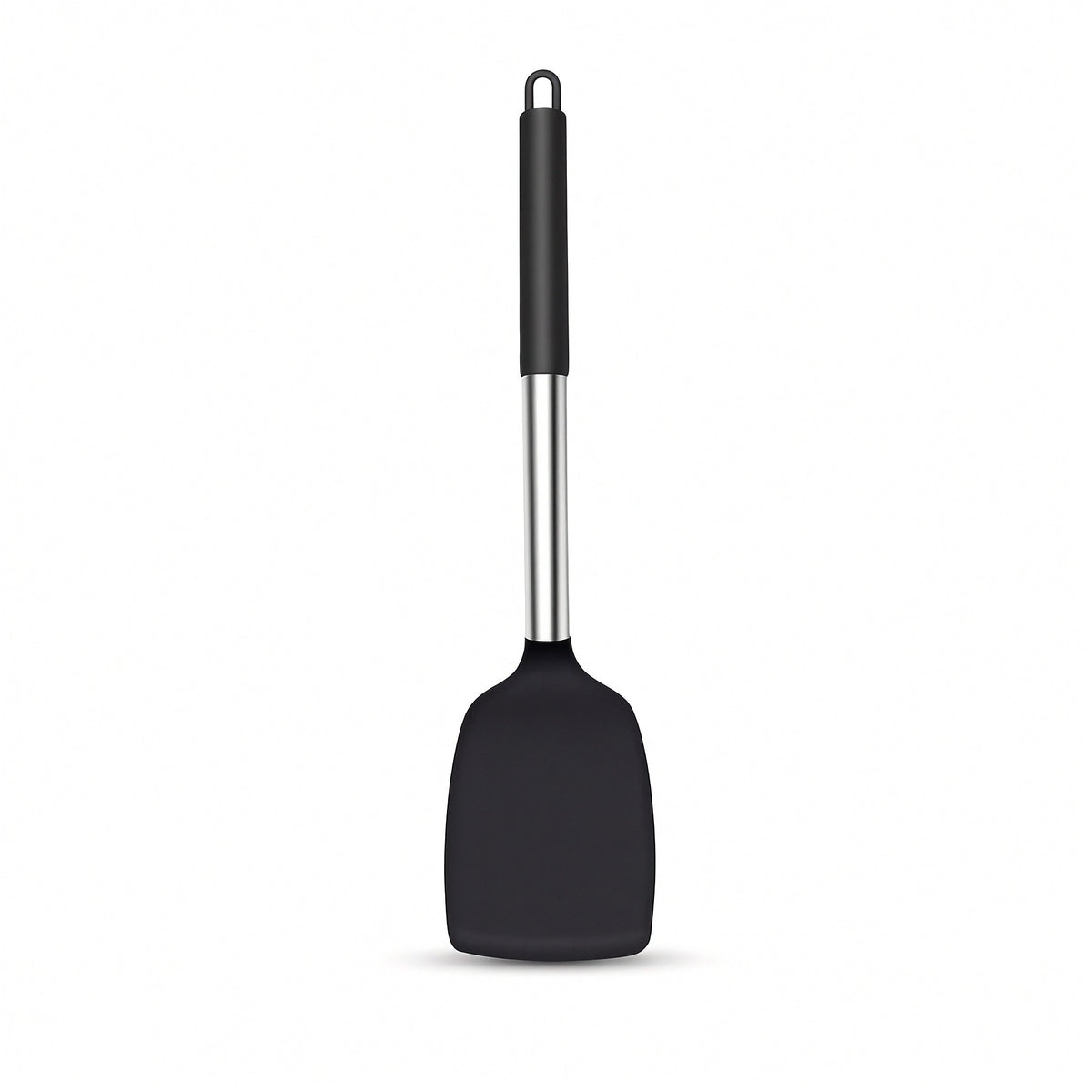 A silicone spatula with a matte black head, a silver metal shaft, and a black handle with a hanging loop, shown against a plain white background.
