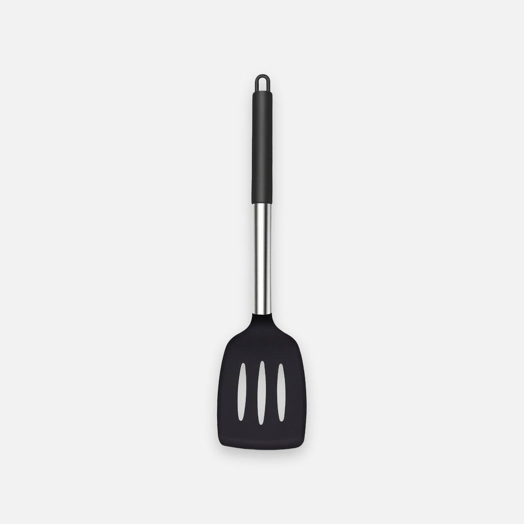 A black silicone kitchen spatula with a stainless steel handle, shown vertically against a light gray background.