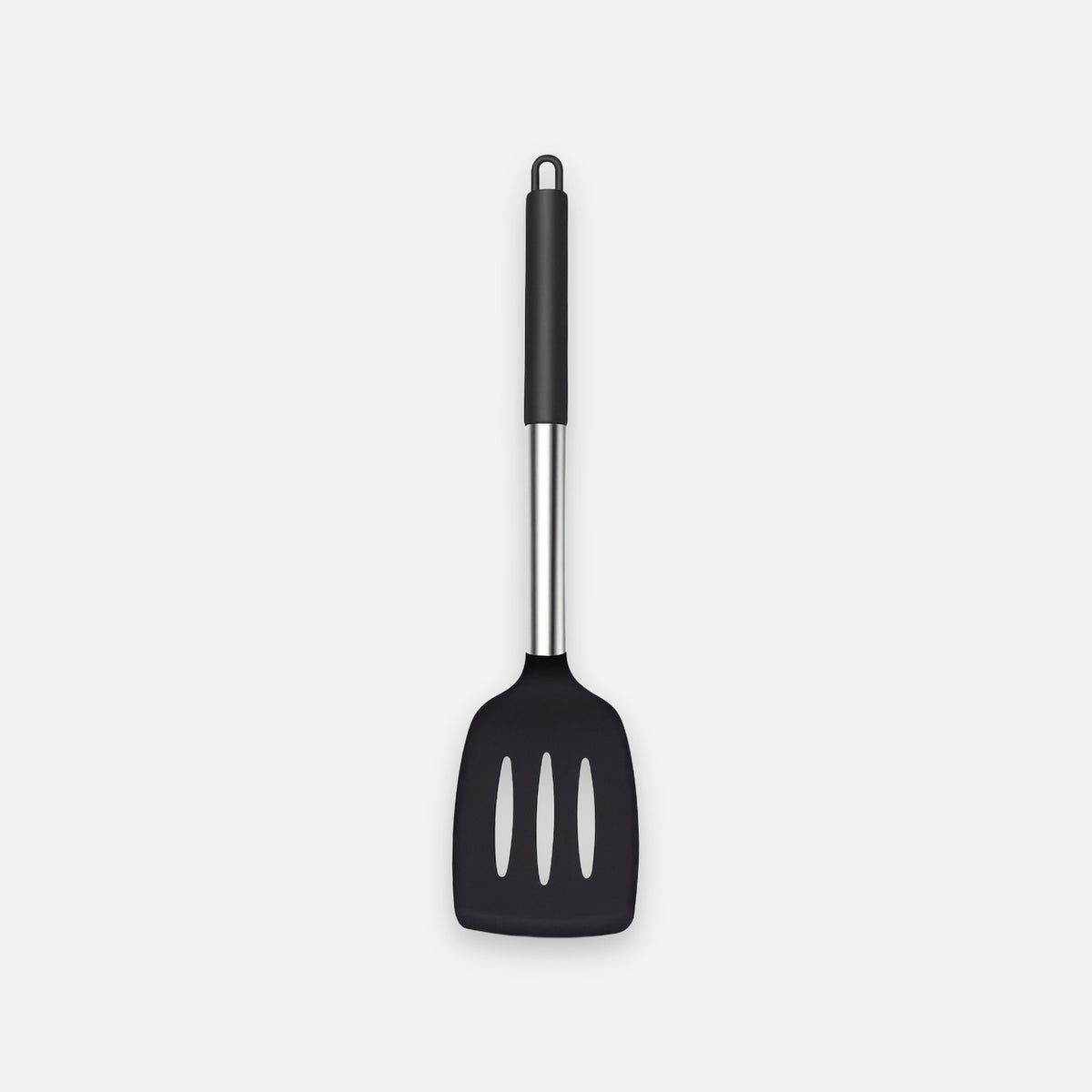 A black silicone kitchen spatula with a stainless steel handle, shown vertically against a light gray background.