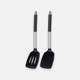 Two black silicone kitchen utensils with stainless steel handles, shown on a light gray background.