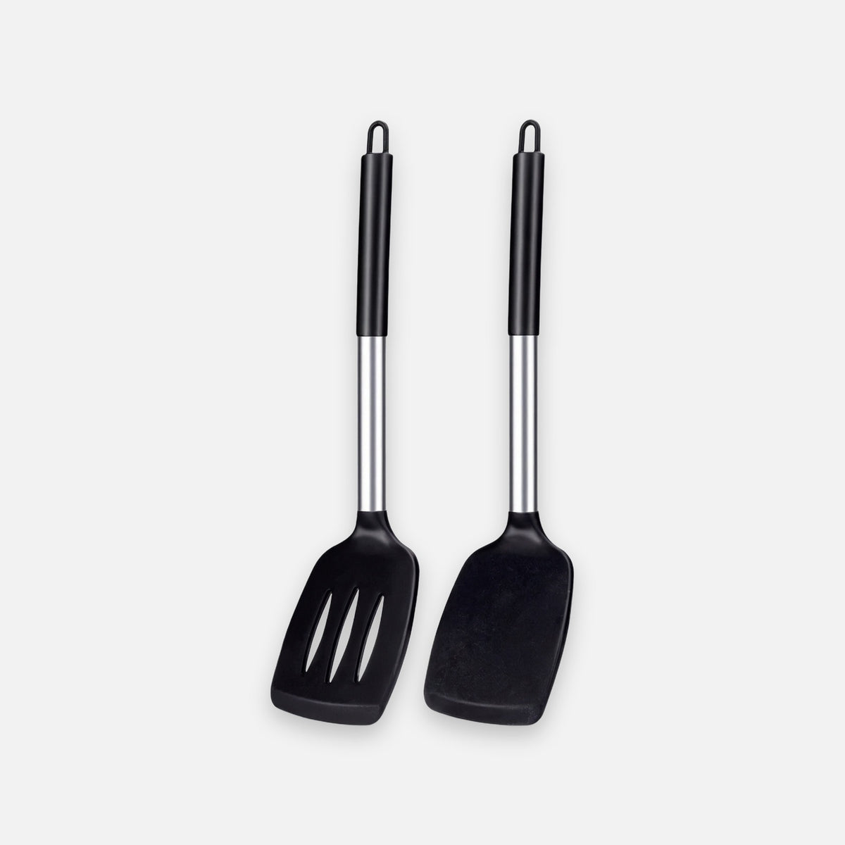 Two black silicone kitchen utensils with stainless steel handles, shown on a light gray background.