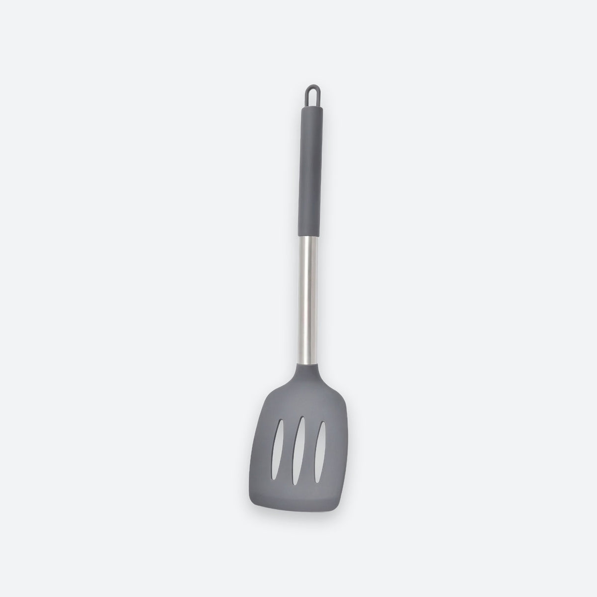 A gray silicone kitchen spatula with a stainless steel handle and a dark gray grip, shown against a light gray background.