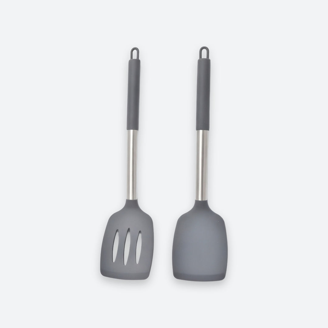 Two gray silicone kitchen utensils with stainless steel handles, shown side by side on a light gray background.