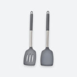 Two gray silicone kitchen utensils with stainless steel handles, shown side by side on a light gray background.