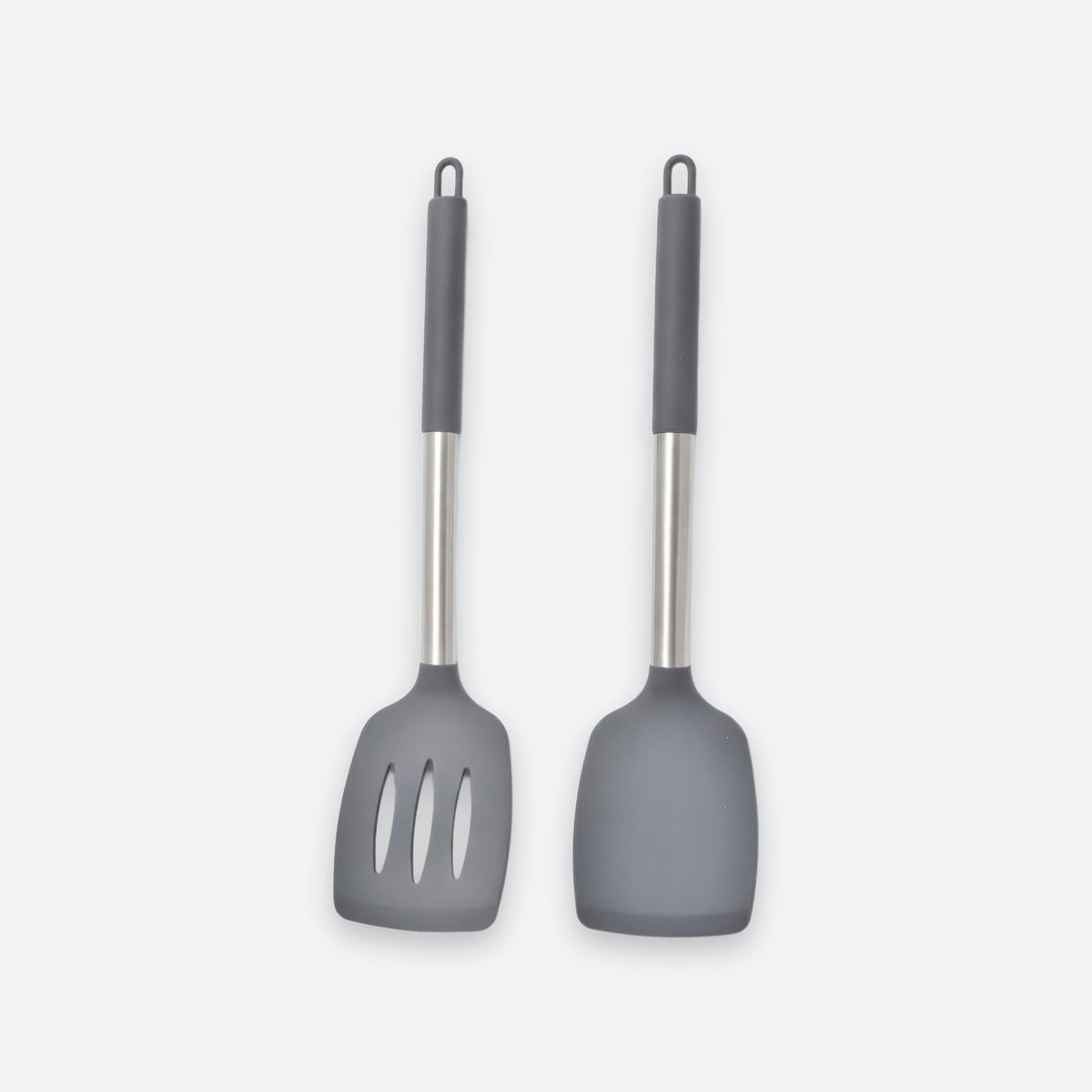 Two gray silicone kitchen utensils with stainless steel handles, shown side by side on a light gray background.
