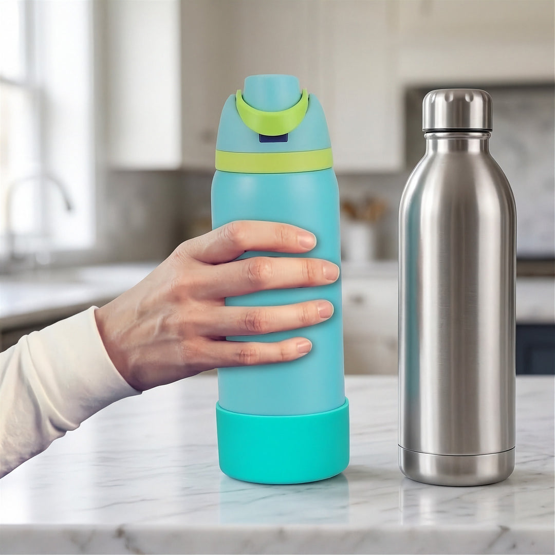 A hand holds a light blue water bottle with a turquoise and lime green lid next to a stainless steel water bottle on a marble kitchen counter.