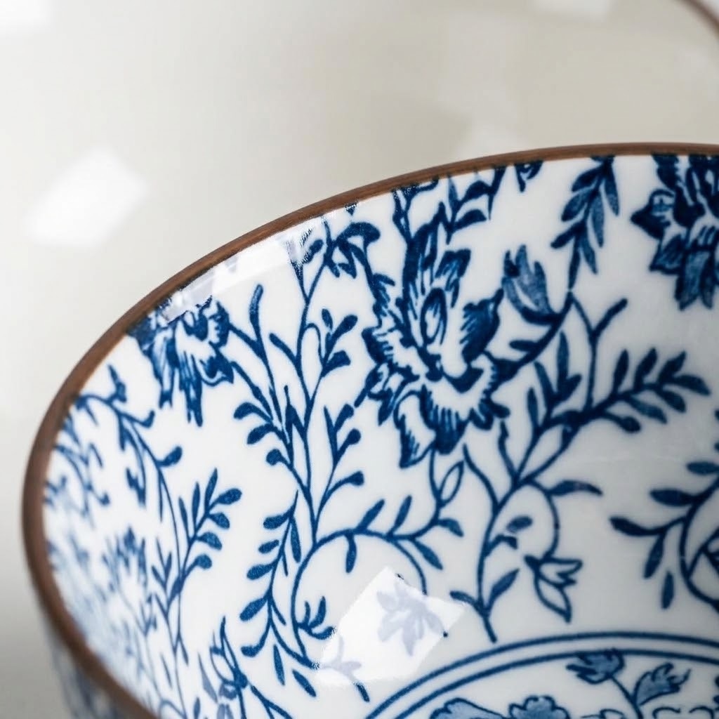 Close-up of a white ceramic bowl featuring a classic blue floral and leaf pattern, with a thin brown rim.