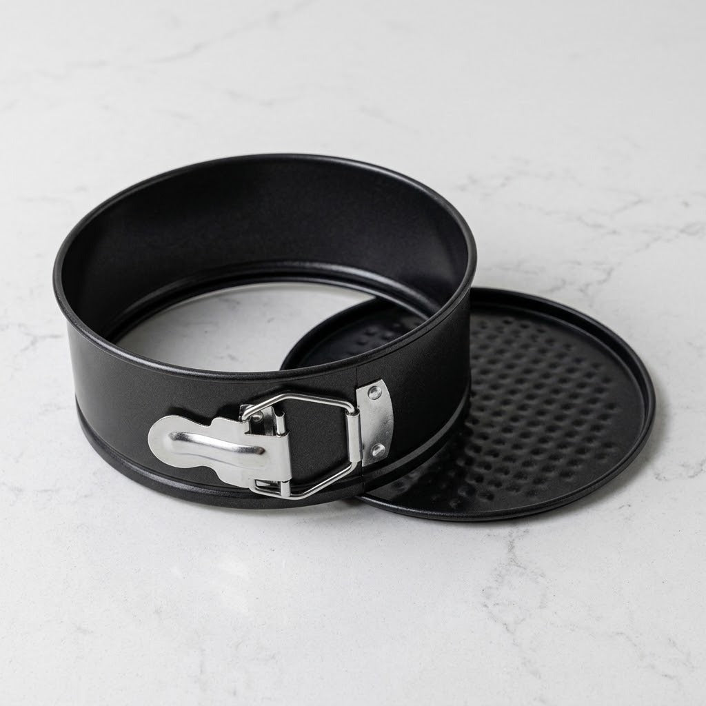 A black springform pan with a silver metal latch, shown next to its matching black textured lid on a light gray marble surface.
