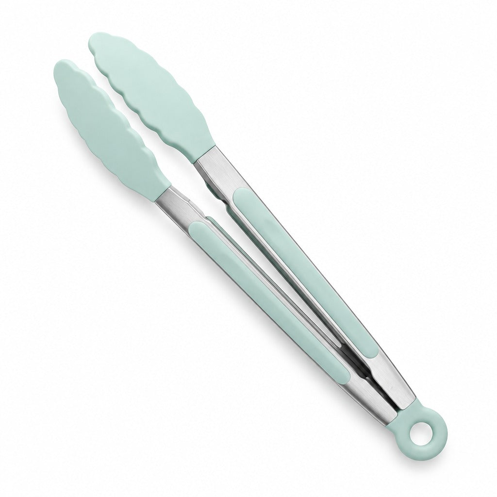Mint green silicone-tipped kitchen tongs with stainless steel handles and a hanging loop, shown on a clean white background.